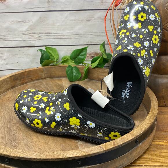 Western Chief Garden Clog Honey Bee Hive Black Yellow Flower NWT Slip On Shoes 9 - Picture 5 of 12